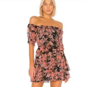 MISA LA Cela Pink Green Floral Off the Shoulder Mini Dress